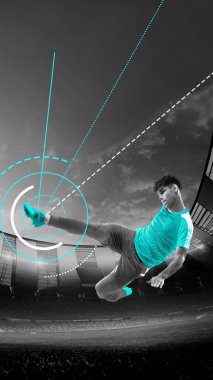 Şık genç futbolcu, parlayan hareketler ve fütüristik stadyum arka planıyla çevrili hava tekmesi atıyor. Modern sanat kolajı. Profesyonel spor, şampiyonluk kavramı