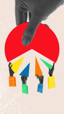 Büyüyor. Rakip piyasadaki tekeli ve dengesiz büyümeyi sembolize eden çizelge segesinin bir kısmı diğerlerinin ötesinde büyüyor. Çağdaş sanat kolajı. Egemenlik kavramı, iş büyümesi, ekonomik uyarı