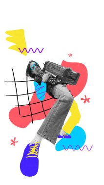 Akordeon pantolonlu, soyut aksanlı ve oyuncu modern grafik unsurlu bir adam havada uçuyor. Gerçeküstü tasarım. Müzik, ses, klasik ve modern füzyon kavramı.