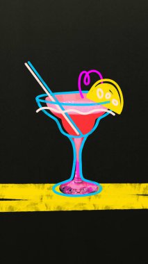 Çağdaş sanat kolajı. Sarı limon dilimli pembe margarita kokteyli ve siyah arka planda kıvırcık kamış. Karalama elementleri. Tropikal parti içkisi, Cuma havası, kutlama