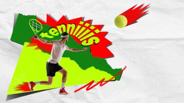 Tenis oyuncusu parlak yeşil kort ve büyük neon yeşil tenis temalı metinle raket sallamaya hazırlanıyor. Kavramsal sanat tasarımı. Kağıt kesim stili. Şampiyonluk kavramı, dinamik, enerji