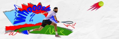Erkek tenisçi tenis topu dokulu tenis kortuna doğru hızla ilerlerken raketle öne atlıyor. Çağdaş sanat kolajı. Kağıt kesim stili. Spor, şampiyonluk, enerji kavramı