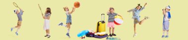 Aktif çocuklar atlıyor, spor yapıyor ve yaz yolculuğuna hazırlanıyor. Kolaj. Oyun faturası. Çocukluk yıllarında enerji, oyun, spor, eğlence, tatil ve takım oyunları kavramı
