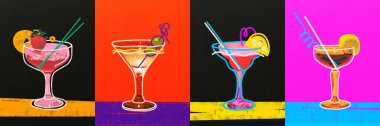 Soyut sanat tasarımı. Kolaj. Dört canlı kokteyl, sütunlar halinde siyah ve renkli arka planlara karşı garnitür ve pipetlerle. İçecek sanatı, parti, kutlama kavramı. .