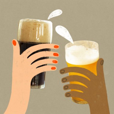 İki el koyu ve açık birayı kahverengi arka planda köpüklü bardaklarda tutuyor. Gerçeküstü grafik tasarımı. Düz halk tasarımı. Bar içkileri, köpüklü bira, parti tostu, gece hayatı tezahüratları ve rahatlama.