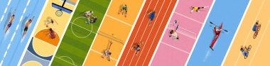 Kolaj. Yüzücüler, basketbol oyuncuları, futbol takımı, tenis maçı, koşucular, voleybol oyuncuları, kayakçılar ve renkli dikey şeritlerde gösterilen bisikletçiler. Spor, sağlık, hareket, çeşitlilik kavramı