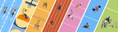 Kolaj. Yüzücülerle spor montajı, basketbol maçı, tenis, koşu, voleybol, jimnastik, halter ve renkli şeritlerde zıplama. Spor ve enerji kavramı.