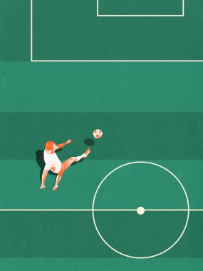 Oyuncu, stilize edilmiş stadyum simetrisini temsil eden katmanlı yeşil sahada güçlü bir orta saha vuruşu yapıyor. Çağdaş sanat tasarımı. Poster. Spor kavramı, rekabet, maç