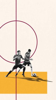 İki futbolcu arka planda merkez hat ve sarı geometri elementleri üzerinde kontrol için mücadele ediyor, stadyum gibi görünüyor. Soyut tasarım. retro poster. Doku efekti. Spor anlayışı, rekabet