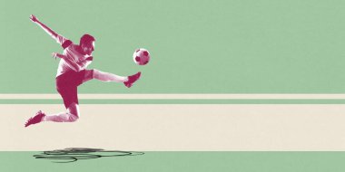 Futbolcu, nane yeşili çizgili arka plana karşı tüm vücut enerjisiyle ileri sıçrıyor, hassasiyeti ve sürücülüğü vurguluyor. Kavramsal sanat kolajı. Poster. Spor kavramı, rekabet, maç