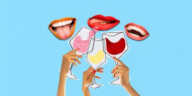 Üç elin kırmızı, sarı ve pembe şarap kadehlerini tutarken sanatsal çizimler neşeli ifadelerle üzerlerinde süzülürken. Görsel pazarlama kavramı, içki etiketi sanatı