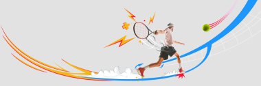 Salıncağın ortasındaki erkek bir tenis atletinin enerji dolu sanat kolajı. Grafik hareketlerle, güç efektleriyle ve soyut tenis topu izleriyle geliştirilmiş. Spor sosyal medya tasarımı kavramı