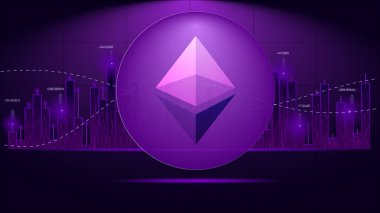 Ethereum logosu mor tonlarda parlayan dijital bir grafiğin üzerinde. Engelleme zinciri kimliği, kripto finansmanı ve merkezi olmayan teknolojilerin dinamik dünyası kavramı.