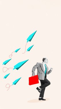 Dijital sanat. Kırmızı bir evrak çantası tutan işadamı hareket etmeye hazırken, çok sayıda turkuaz kağıt uçak hafif bir zemin üzerinde yukarı doğru uçuyor. İlerleme kavramı, inisiyatif