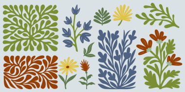 Yeşil sarı ve mor renkli yapraklar ve çiçeklerle süslenmiş çiçek desenleri. Botanik tasarım, süs oluşturma, tekstil dekorasyonu, ekolojik ambalaj, yüzey desenli resimleme kavramı.