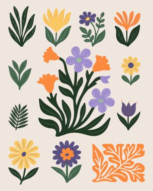 Yeşil sarı ve mor renkli yapraklar ve çiçeklerle süslenmiş çiçek desenleri. Botanik tasarım, süs oluşturma, tekstil dekorasyonu, ekolojik ambalaj, yüzey desenli resimleme kavramı.