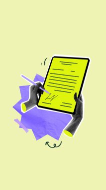 Kağıt kesiği kolajı ve tablet üzerindeki dijital sözleşme Fintech temalı düzende stilize eller tarafından imzalandı. E-imza konsepti, yasal süreç, sözleşme onayı, mobil biniş