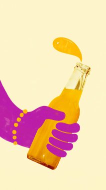 Elle çizilmiş mor el bileziği ile bilezik içinde krema arkaplanlı turuncu şişe var. Pop içecek görselleri, parti markalaşması, retro tasarım, gençlik kampanyaları, reklamlar..