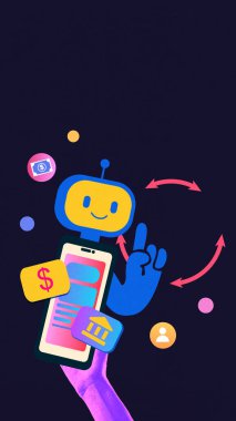 Akıllı telefondan gülümseyen sohbet robotunun dijital kompozisyonu ve karanlık arka planda finans simgeleri. Mobil bankacılık otomasyonu, yaz fintech UI ve UX, kullanıcı bindirme, eğitim, sunumlar.