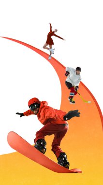 Erkek snowboardcuların çağdaş kolajı. Kırmızı-turuncu patika eğrisinde kış sporcularının önde gelen grubu. Spor kampanyaları, takım motivasyonu, sporcu markaları, fitness posterleri..