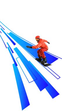 Keskin geometrik mavi yamaçta uçan gülümseyen erkek snowboardcu kolajı. Kış sporu markalaşması, dinamik hareket kampanyası, enerjik sporcu görselleri.