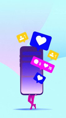 Yaratıcı kolaj. Pembe bacakların üzerinde duran büyük bir telefon. Etrafı beğeni ve yorumlarla çevrili. Sosyal medya kimliği kavramı, baskı, takipçi saplantısı, dijital yaşam tarzı.
