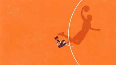 Sahada top ve cesur gölgeyle zıplayan erkek basketbolcunun modern kolaj tasviri. Hırs kavramı, yüksek performans, gençlik spor kimliği ve hareket yoluyla kendini ifade etme..