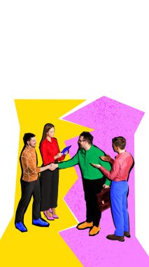 Renkli iş adamlarının yaratıcı dijital sanat eserleri sarı ve pembe arka planda el sıkışıyor. İş ortaklığı, şirket birleşmesi, müzakere, başlangıç ekosistem işbirliği kavramı.