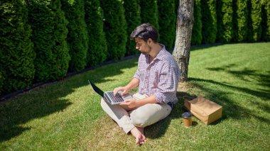 Ağacın altındaki dizüstü bilgisayarda çalışan bir adam servis kahvesi ve güneşli çimlerde duran bir kesekağıdıyla. Uzaktan çalışma, serbest yaşam tarzı, açık hava verimliliği, stressiz iş iletişimi kavramı.