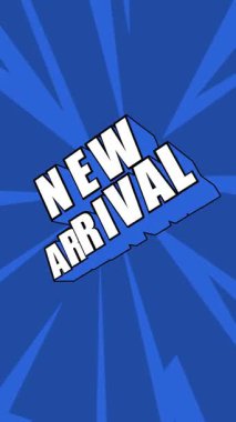 Yeni gelen pop sanatı, dinamik mavi arka planda cesur tipografi ile hareketli animasyonu durdurur. Perakende pazarlama, e-ticaret reklamcılığı, ürün tanıtımı ve yaşam tarzı tanıtımı kavramı.