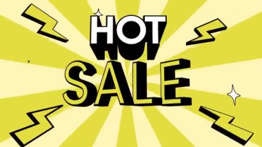 Sarı arka planı ve komik yıldırım ikonlarıyla revaçta bir reklam. Perakende pazarlama, mevsimlik indirimler, yaşam tarzı marka promosyonları ve dijital reklam görselleri kavramı.