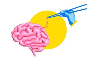 Grafik kompozisyonu. Yemek çubuklarıyla mavi el, pembe beyni soyut erişte gibi soyut kavramlara dönüştürüyor. Tüketim, dijital kültür, bilgi kullanımı ve modern yaşam tarzı sanatı fikri.