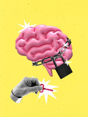 Gerçeküstü kolaj sanatı. İnsan beyni zincirle kilitlenmiş ve asma kilit de elinde anahtarla. Zihni, özgürlüğü, psikolojiyi, yaratıcılığı serbest bırakma ve kısıtlamaların üstesinden gelme kavramı.