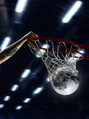 Modern kolaj basketbolcusu parlayan ay topuyla basket atıyor. Gerçeküstü spor, hayal gücü, performans, kozmik yaratıcılık ve fantezi yarışması kavramı.