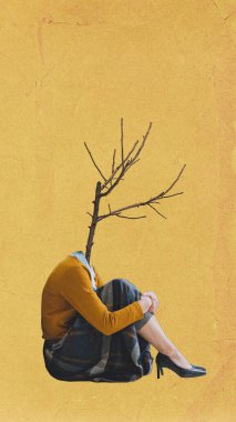 Ağaç dallı kadın kolajı dalgın dalgın oturuyor. Psikoloji, terapi, depresyon, duygusal mücadele, eğitim, sağlık, yaşam tarzı ve sosyal medya illüstrasyonu kavramı.