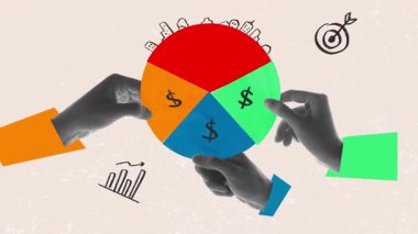 Animasyon reklamı. Başlangıç Kesimi. Başlangıç dünyasındaki taze enerji ve kar paylaşımını simgeleyen renkli pasta grafiğini üç el böldü. Girişimcilik, strateji, büyüme kavramı