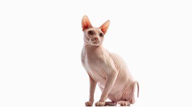 Kılsız sfenks kedisi beyaz arka planda tuhaf bir ifadeyle dik oturuyor. Eşsiz hayvan cinsi, kedi zarafeti, egzotik arkadaş ve duygusal cazibe kavramı..