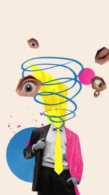 Modern reklam videosu. Düşünen Spiral. Karalama düşünce sarmalı, gözler olarak, bej arka planda iş adamının başını yönlendirir. Öz-yansıma kavramı, soyut beyin, meditasyon, tükenme.