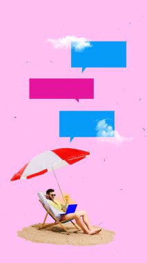 Bold colorful poster. Businessman on beach chair under umbrella with laptop and chat bubbles on pink background. Concept of remote communication, digital marketing, and work-life harmony.