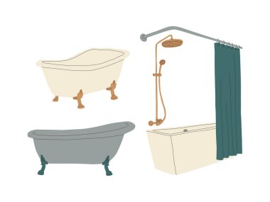 Bacakları olan eski küvet, perdeli küvet ve musluk. Yıkanmak için banyo. Beyaz arkaplanda izole edilmiş vektör çizimleri kümesi.