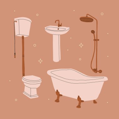 Banyo mobilyaları. Lavabo, küvet, tuvalet, duş musluğu. Bej arkaplanda izole edilmiş vektör illüstrasyonu.
