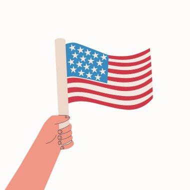 USA flag. Hand holds national flag of United States of America. Vector cartoon illustration.