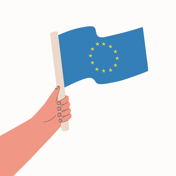Flag of European Union. Hand holds European blue flag with stars. Vector cartoon illustration.