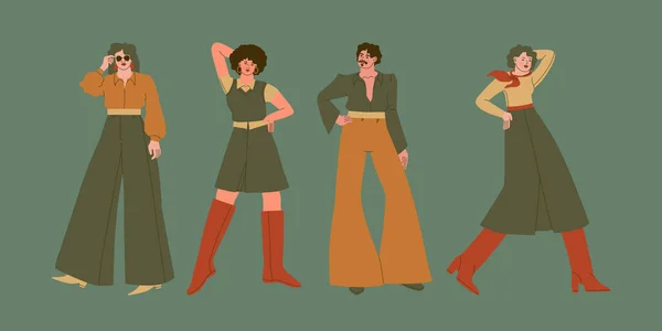 70年代のファッションとスタイル ヴィンテージスタイルの若い男性と女性 60年代 70年代 80年代に身を包んだ人々 ベクトルトレンディーなイラスト — ストックベクタ