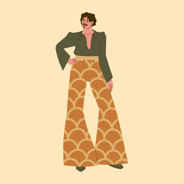 70年代的时尚和风格 穿着宽边长裤的年轻人很可爱 一件袖子很大的衬衫 矢量趋势图解 — 图库矢量图片