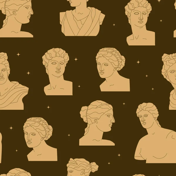 古希腊的女神 男男女女的雕塑 现代风格的古董雕塑 黑暗背景下的矢量无缝模式 — 图库矢量图片