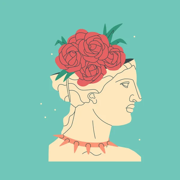 Бюст Декоративной Древнегреческой Богини Женщины Античная Скульптура Букетом Розовых Цветов — стоковый вектор