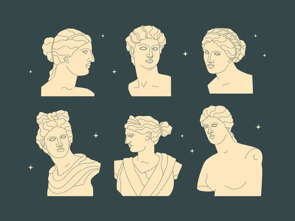 男性と女性の装飾古代ギリシャの彫像のセット 女神や英雄 現代のフラットスタイルのアンティーク彫刻 ベクトル分離傾向図 — ストックベクタ