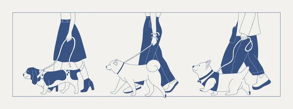 男は綱の上を犬が歩く 散歩中の犬の異なる品種 市内や公園を犬のショーや犬の散歩 ベクトル平面図 — ストックベクタ