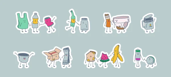 Conjunto Adesivos Para Triagem Latas Lixo Personagens Lixo Kawaii Bonitos —  Vetores de Stock